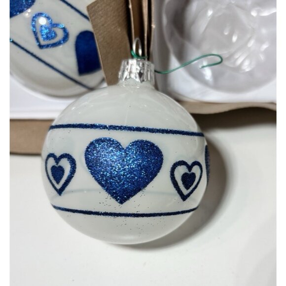 11 Vitbis Christmas Glass Ornaments Blue And White Glitter Heart Pattern - Picture 5 of 6
